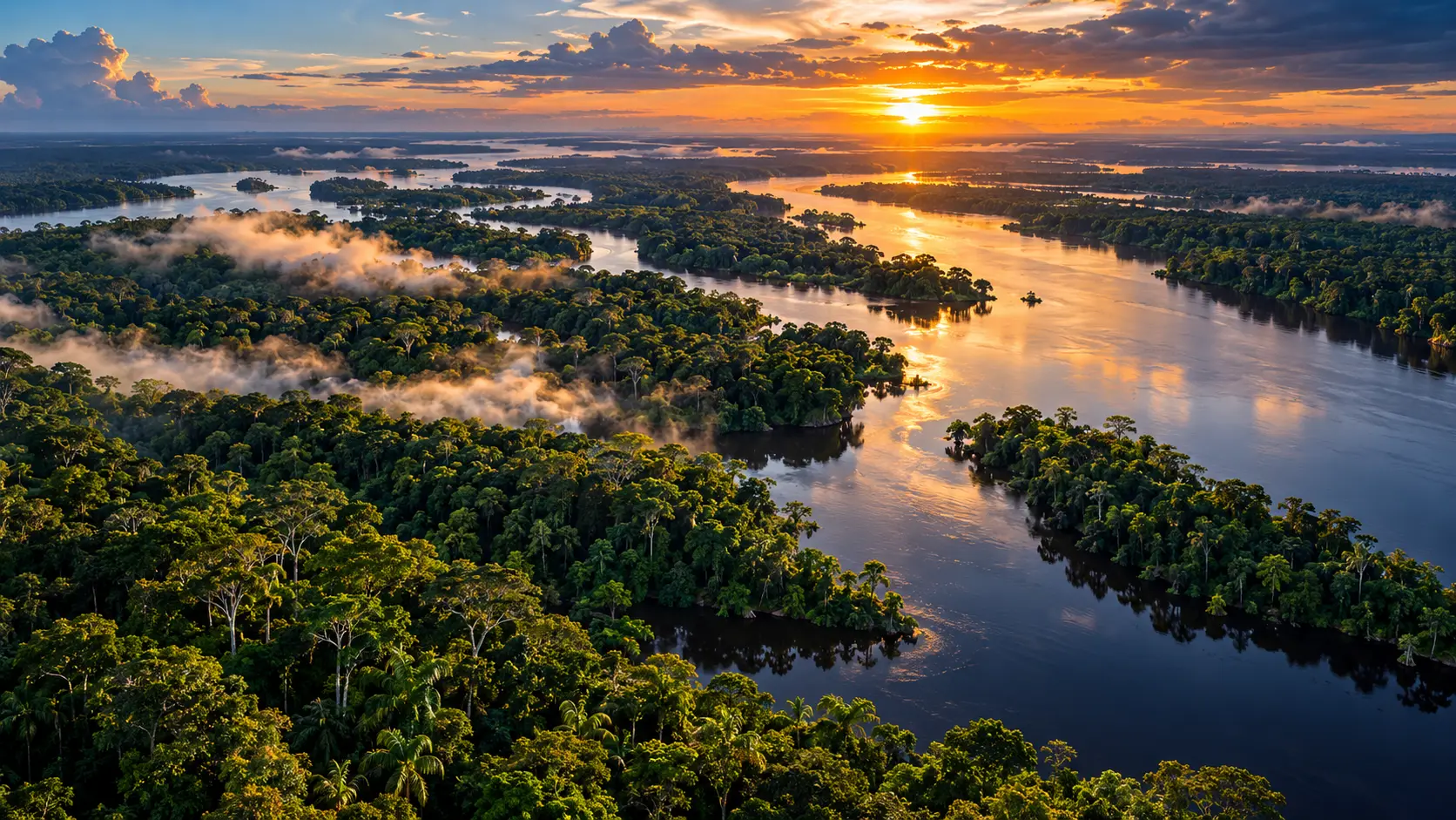 Weites Amazonas-Panorama mit verzweigten Flussarmen im goldenen Abendlicht