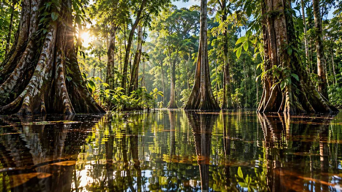 Sonnendurchfluteter überfluteter Amazonaswald während der Regenzeit